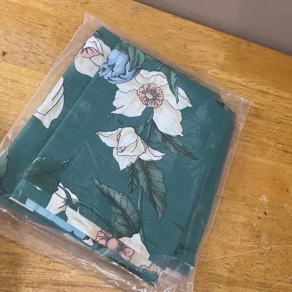 Vtg Bath Fashion Floral Window Curtains Teal Green Cottagecore 2 Panels Tie Back